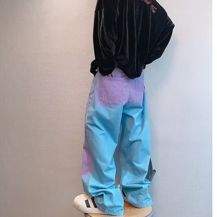 水蓝色喷漆做旧彩虹撞色直筒裤休闲裤男潮牌炸街牛仔破洞NZ33/P55,男装休闲裤,星座506