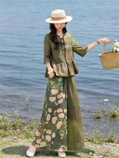 时尚苎麻印花拼接阔腿裤扎染宽松上衣复古风套装女，女装套装/套裙，水衣源