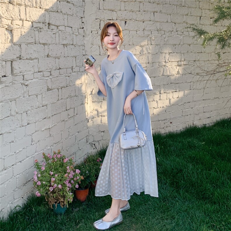 法式网纱拼接蝴蝶结蓝色连衣裙女夏2025新款独特别致流行爆款长裙,女装连衣裙,2C317