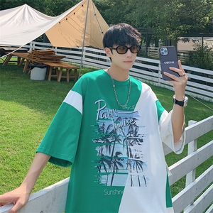 数据！设计感拼接撞色短T恤夏季宽松休闲男上衣XT228-P45控68图片