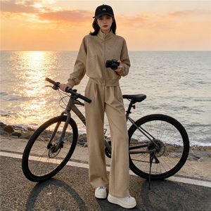 春季新款港风时尚套装女修身显瘦拉链开衫外套阔腿休闲裤两件套潮图片