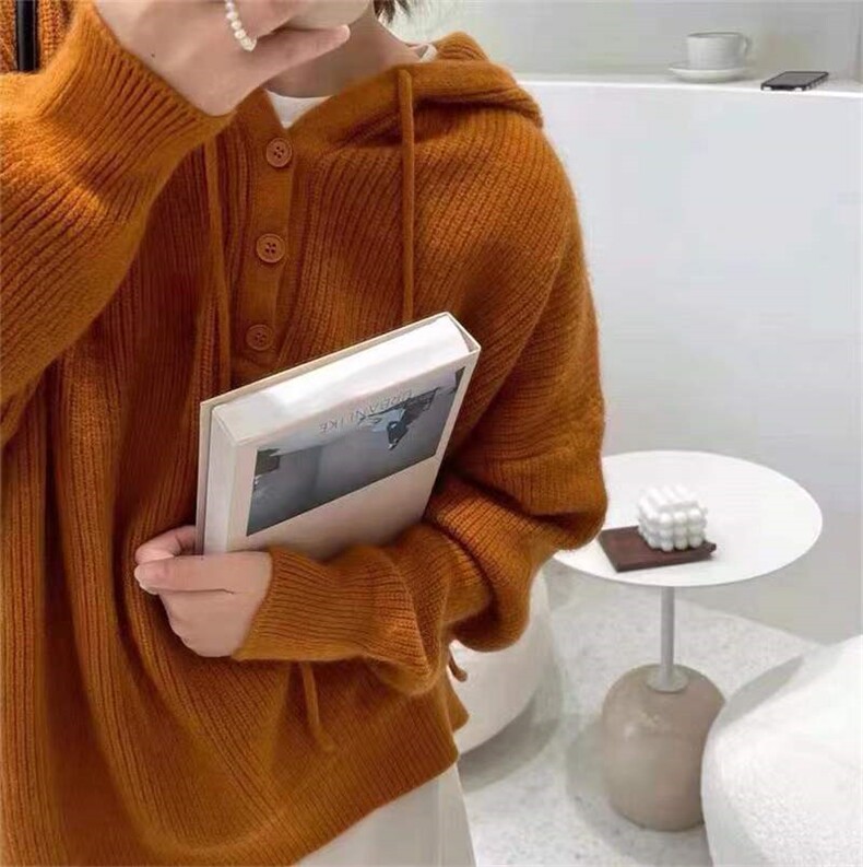秋冬新款显瘦高级感保暖连帽针织衫时尚百搭宽松长袖毛衣外套,针织衫/毛衣,圣旺供货