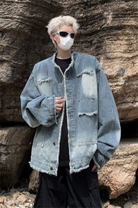 美式复古牛仔外套潮牌男士短款秋冬季毛边设计高级感痞帅休闲夹克图片