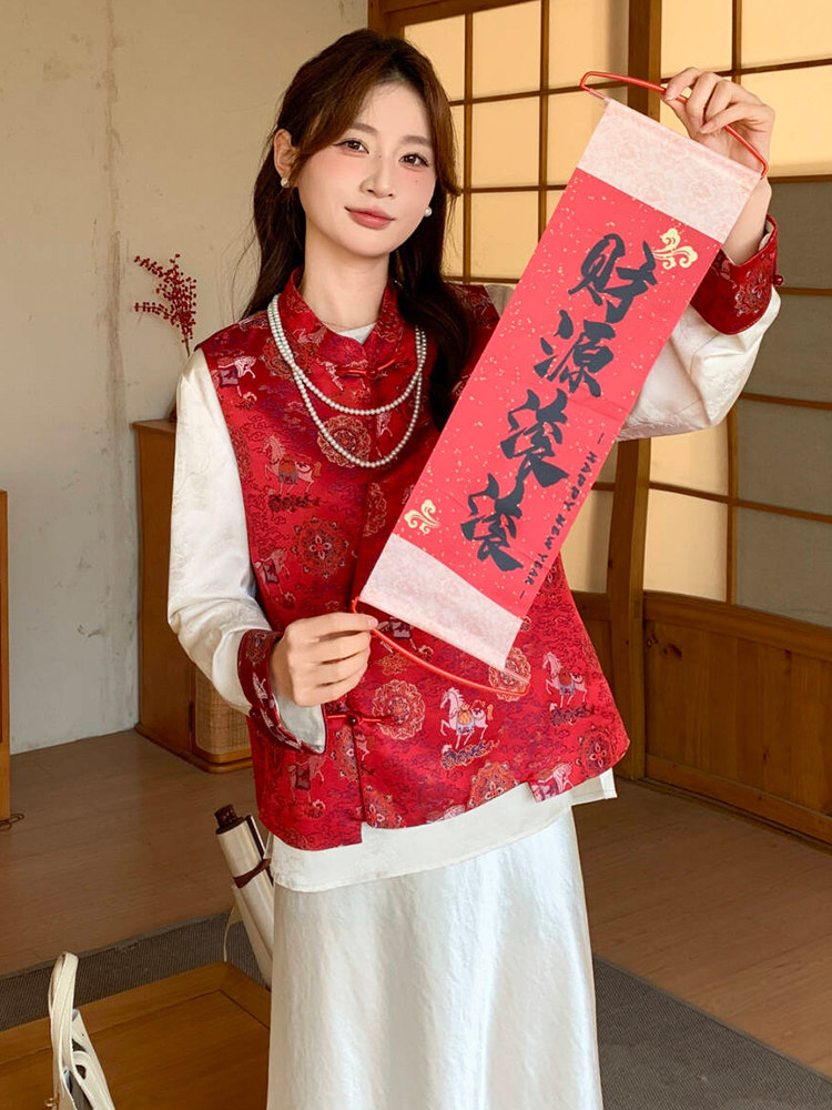 2026年春季新中式g风高级感提花马甲配衬衫两件套,女装套装/套裙,超帛