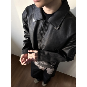 2025美式春男装油蜡UV裂纹肌理夹克复古PU皮衣外套男女W6502-P73图片