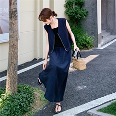 韩系藏青色休闲套装女2025夏季新款气质V领花边马甲半身裙两件套，女装套装/套裙，2C217