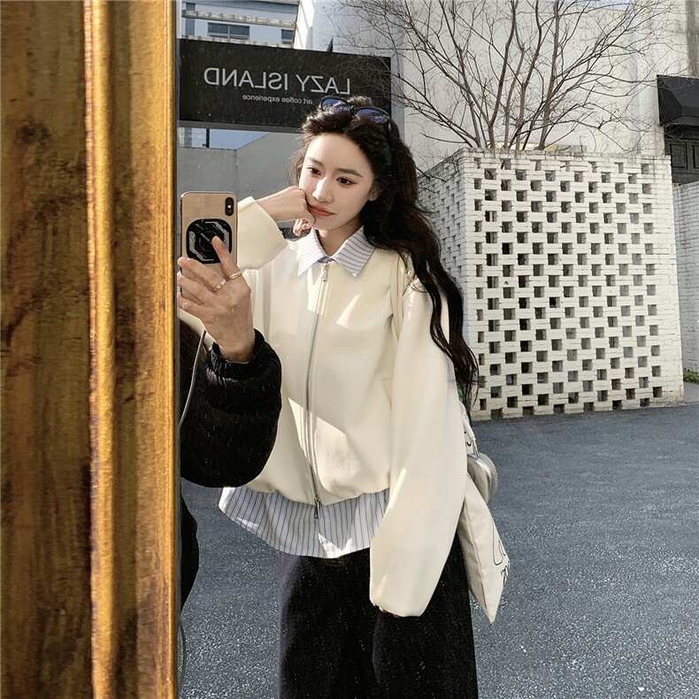 2026新款春季纯色条纹拼接假两件外套2D009-2601P160控258,女装短外套,2D009