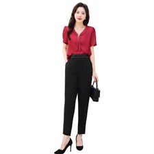 2022年新款上衣感轻奢醋酸绸缎面抗皱仿真丝衬衣烟管裤，女装衬衫，贵人树