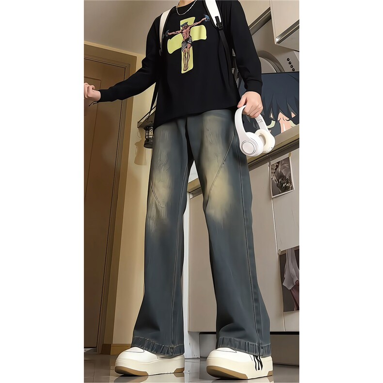 美式复古拼接微喇牛仔裤男款春秋高街水洗渐变裤子KZ005P60图片