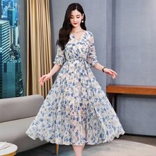 大摆型花色中腰A型雪纺2021年夏季通勤气质百搭连衣裙，女装连衣裙，丽美静依