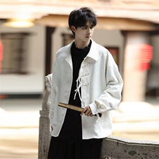 文艺复古森系新中式原创宽松设计衬衣手工扣提花长袖衬衫30511，男装衬衫，星座305A（原312A-1）