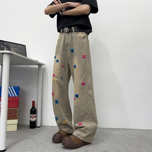 春季水洗做旧牛仔裤复古潮流休闲时尚直筒裤图片