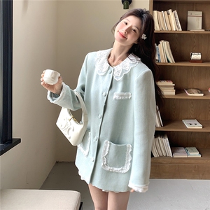 蓝色小香风外套女2025春新款高级感气质名媛蕾丝拼接上衣花边外套图片
