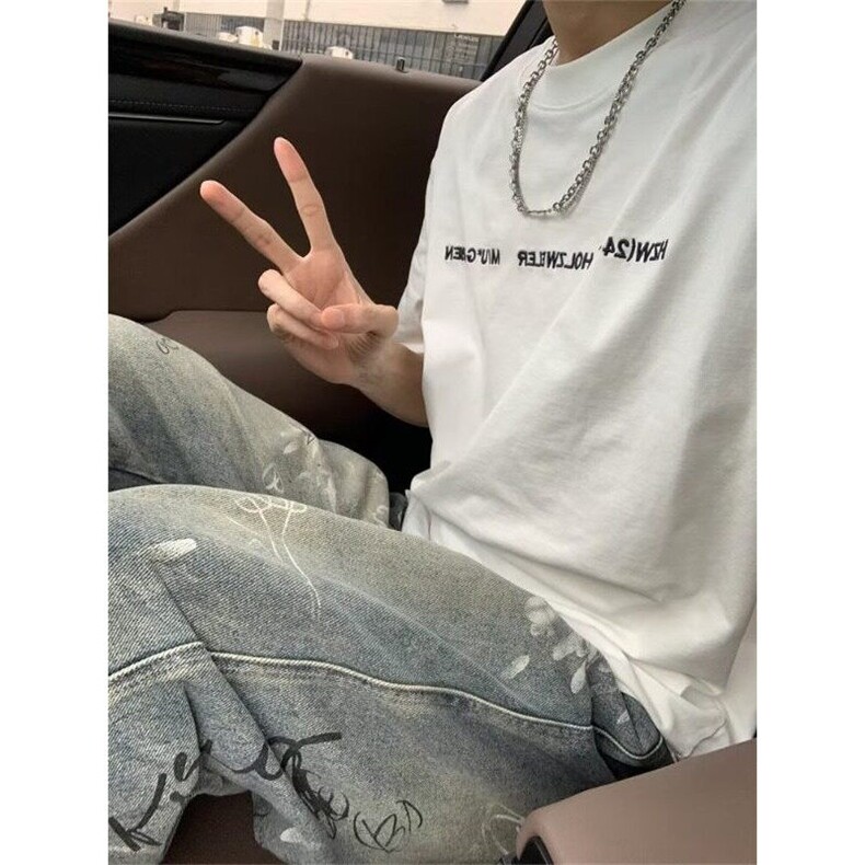 网图涂鸦牛仔裤直筒宽松阔腿街头时尚牛仔长裤1001-1-T1732-P52,男装牛仔裤,星座1001-1