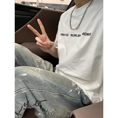 网图涂鸦牛仔裤直筒宽松阔腿街头时尚牛仔长裤1001-1-T1732-P52，男装牛仔裤，星座1001-1