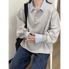 抖音得物高品质26春装美式高街假两件衬衫领长袖卫衣POLO领打底衫，男装T恤，电商A486-1