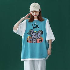 中性夏季设计感小众卡通小象潮ins圆领宽松短袖T恤T513P35控48，男装T恤，A247A