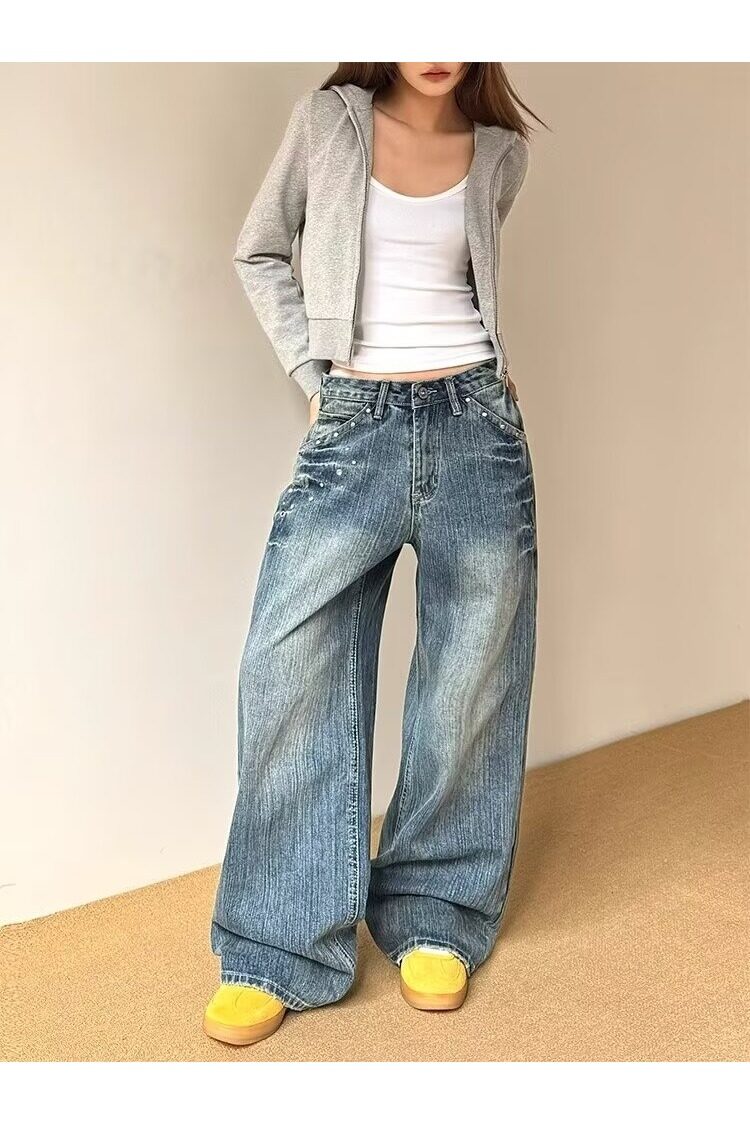 美式复古铆钉水洗闪电直筒牛仔裤男女做旧设计辣妹低腰,男装牛仔裤,星座218-1（原230）