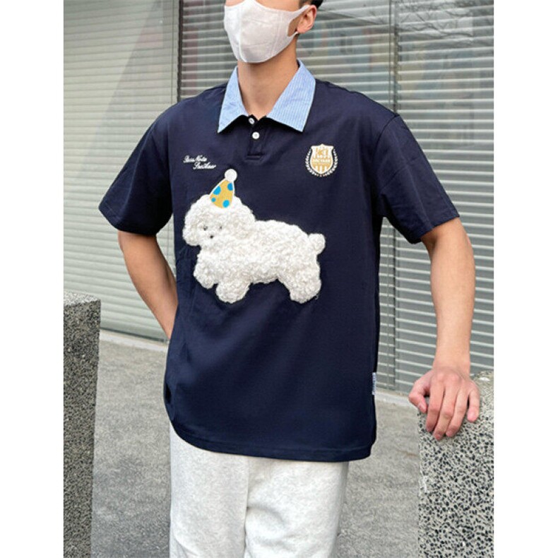 复古刺绣狗狗polo领短袖t恤男女宽松夏季学院风纯棉上衣 TB261图片