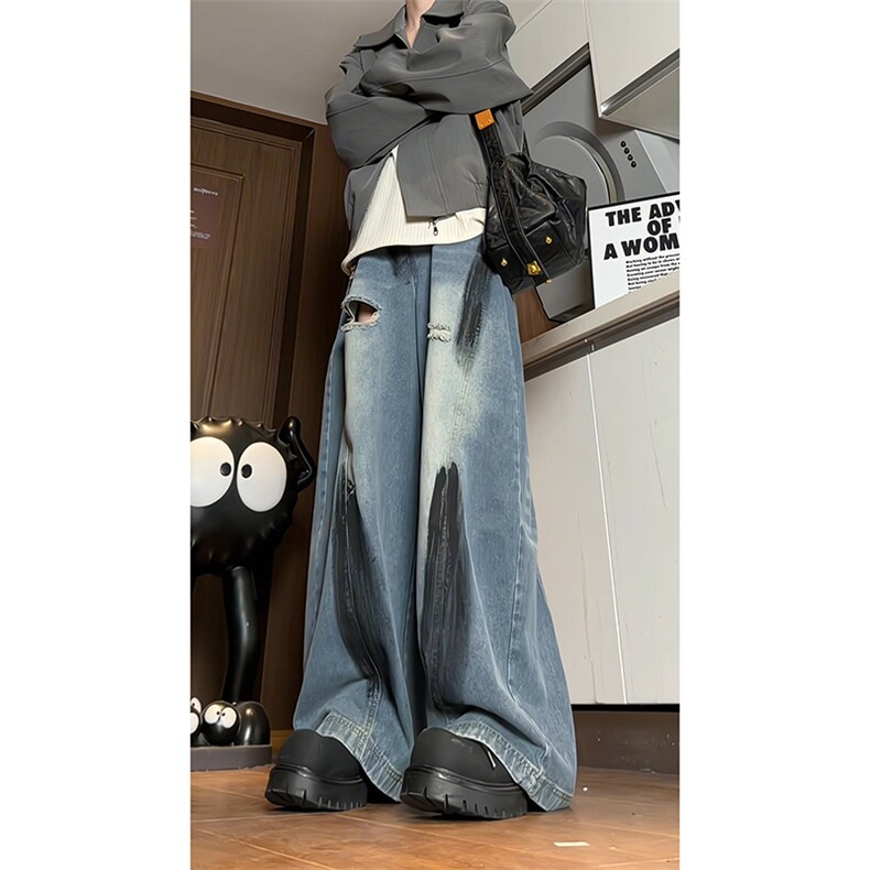 宽松直筒牛仔裤男长裤破洞涂鸦裤子KD635-P55图片