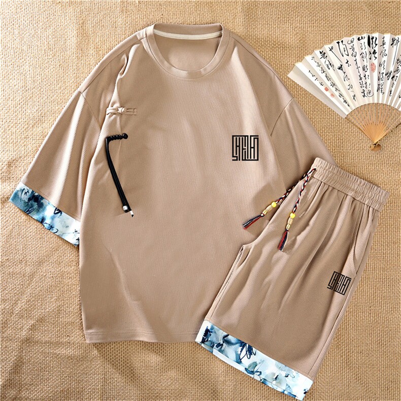 新中式风两件套夏季新中式禅意短袖t恤男套装A436-D223-P52，男装休闲套装，电商A436