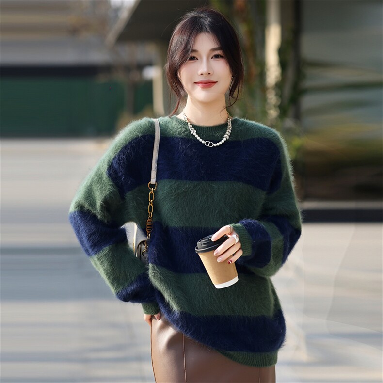 2025年秋季时尚百搭通勤简约休闲大条纹，女装针织衫/毛衣，暮绒羊羊绒