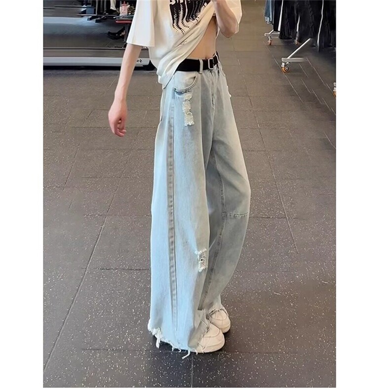 【有货】DBK3062-批55浅蓝色毛边破洞牛仔裤男女款夏季新款时尚图片