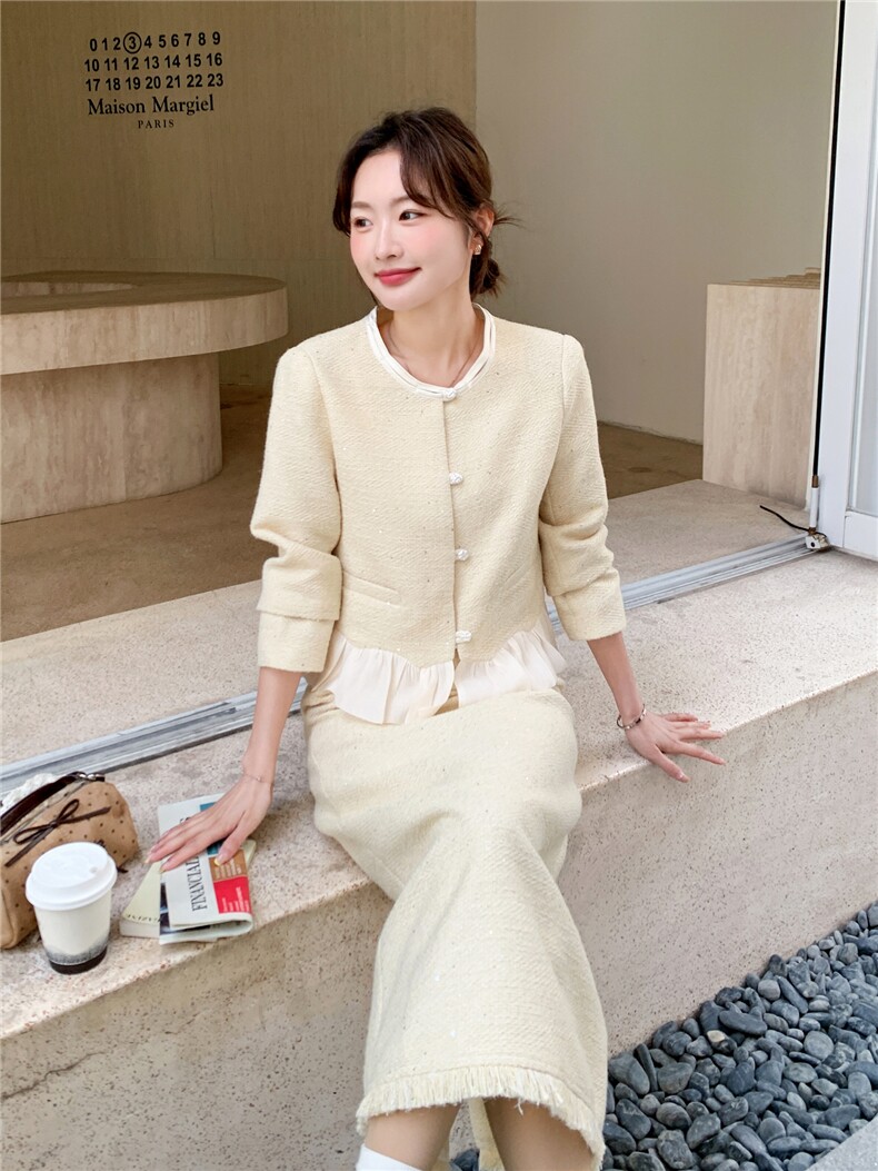 现货-2026年春季纯色拼接花边休闲时尚小香风两件套套装外套女,女装套装/套裙,霓裳依族