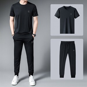 运动套装男装夏季圆领短袖长裤休闲商务运动服半袖冰丝薄款三件套图片