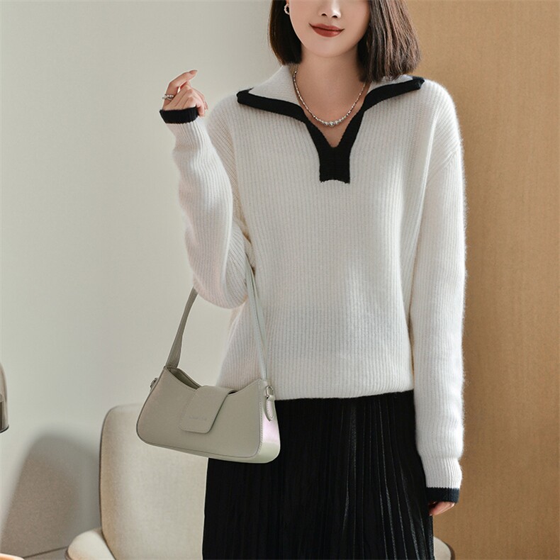 秋冬季简约百搭七针双线元宝针翻领羊毛衫，女装羊毛衫，宋氏羊绒