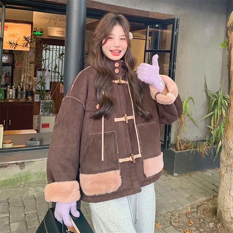 韩版加厚减龄连帽皮毛一体棉服女2025年冬季新款显瘦保暖加绒外套,女装棉衣/棉服,2C305