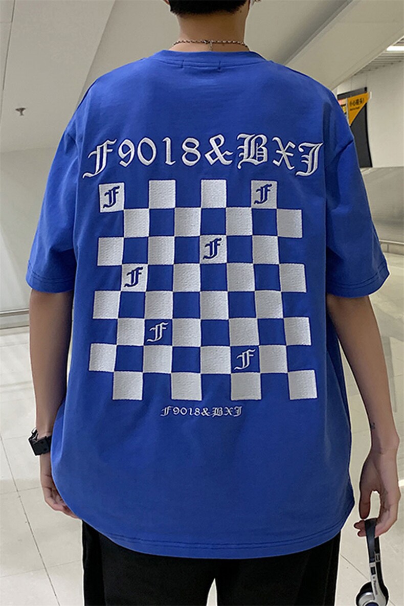 胖子克莱因蓝短袖t恤夏季潮棋盘格港风体恤TX162p28限价39,男装T恤,电商A089-1
