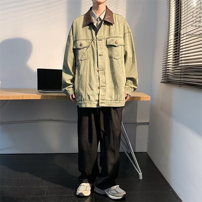美式高街牛仔外套男韩版潮流拼皮帅气2023秋冬ins外套W5025-P67,男装大码男装,星座412-2