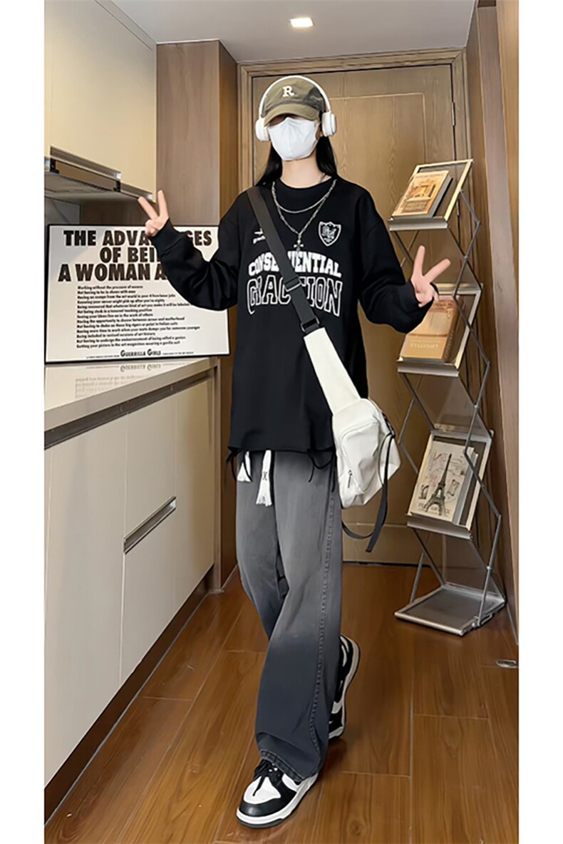 特P中性港风女模个性字母印花宽松长袖圆领项链T恤CT012P45控75,男装T恤,电商A268