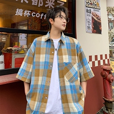 短袖衬衫男夏季新款磨毛格子衬衣DX003-特批26无差价，男装衬衫，星座214-3