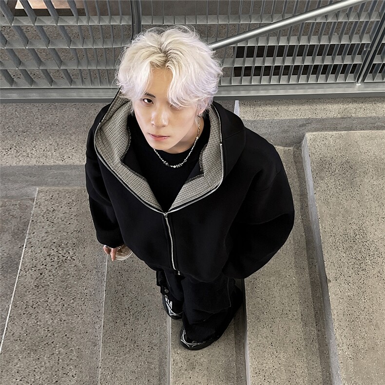 美式重磅廓形卫衣外套男女秋冬复古连帽撞色开衫JK100-P78图片