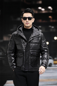 冬季新款海宁羽绒服男连帽外套超薄小牛皮皮衣鹅绒服P870图片