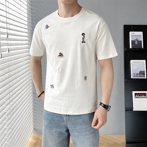 B353 T8202 P40 L-4XL 夏季新款2025潮流韩版休闲男士短袖体恤 黑图片