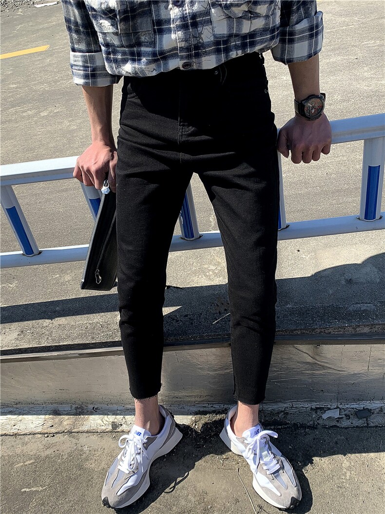 B230档-9168黑色切边修身小脚弹力铅笔男牛仔裤P85,男装牛仔裤,电商B230