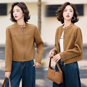 休闲外套女2026春秋新款小个子洋气百搭短款美式复古立领麂皮夹克