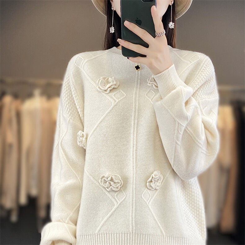 100%纯羊毛衫女圆领刺绣钩花长袖毛衣宽松慵懒加厚羊绒打底衫上衣，女装羊毛衫，狄美羊绒