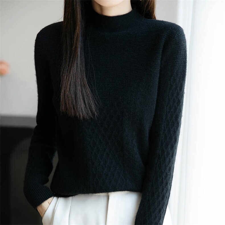 秋冬新款羊毛衫女半高领加厚扭花长袖毛衣韩版羊绒衫内搭打底衫,女装羊毛衫,暖绒情旗舰店