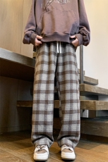 8XL-M特大码加厚毛呢料格子休闲裤宽松男裤毛呢裤K946P60加绒P70，男装休闲裤，电商D206-1