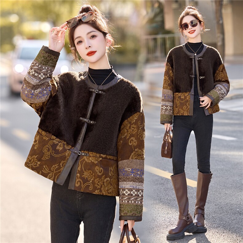 新款欧时尚高端提花刺绣拼皮毛一体羽绒服，女装羽绒服，布芭啦