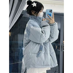 蓝色羽绒服女2025新款冬季短款面包服设计感小众灯芯绒外套女款图片