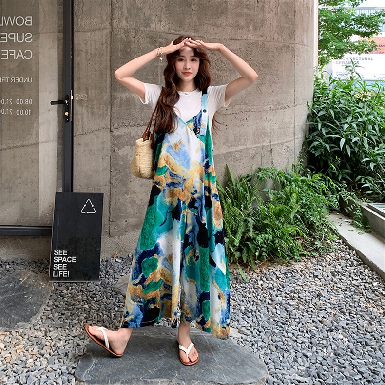 文艺风油画印花阔腿背带裤女2025夏季新款气质慵懒风休闲显瘦裤子,女装连体裤,2C285