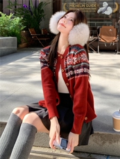 复古毛衣外套春秋新款洋气费尔岛提花针织开衫女宽松，女装针织衫/毛衣，水衣源