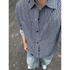 条纹衬衫潮牌长袖衬衣宽松港风休闲外套CS287-P45，男装衬衫，星座301C-5