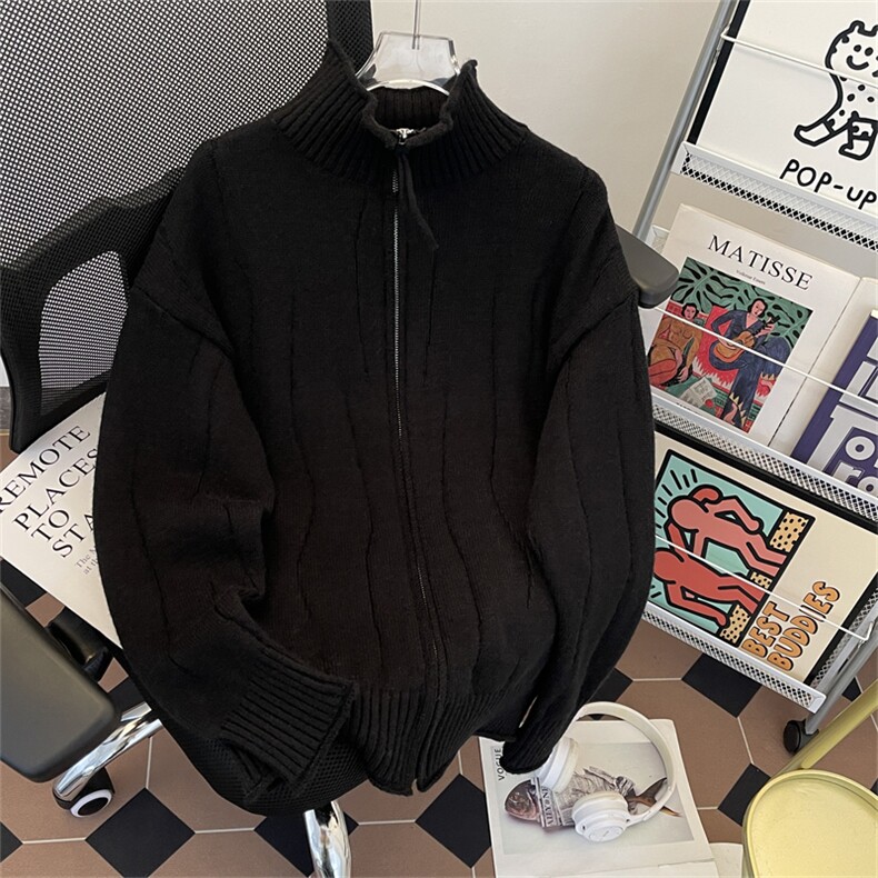 秋冬款男立领毛衣开衫拉链条纹皱针织衫宽松外套M034P65,男装针织衫/毛衣,星座1013-1