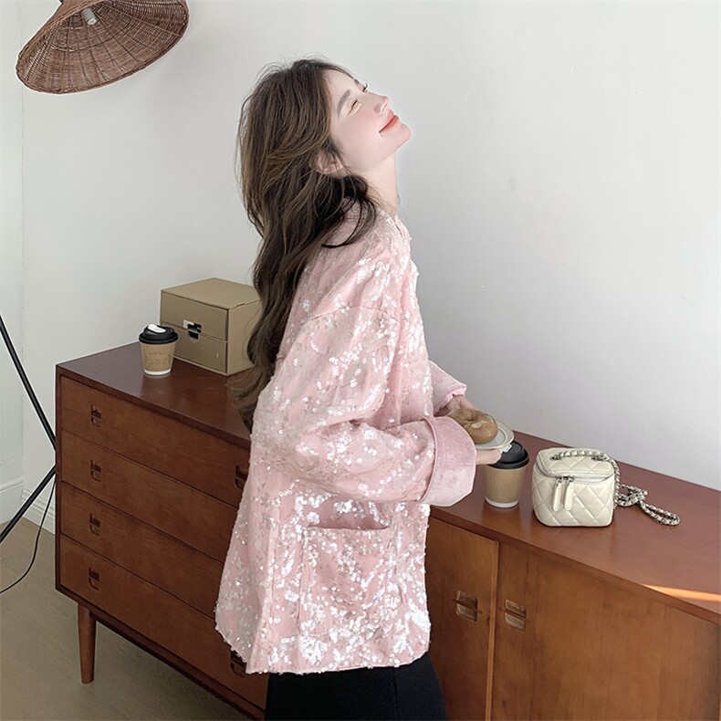 粉色复古亮片小香风西装外套女2025秋季新款今年流行新中式小西服,女装短外套,2C187